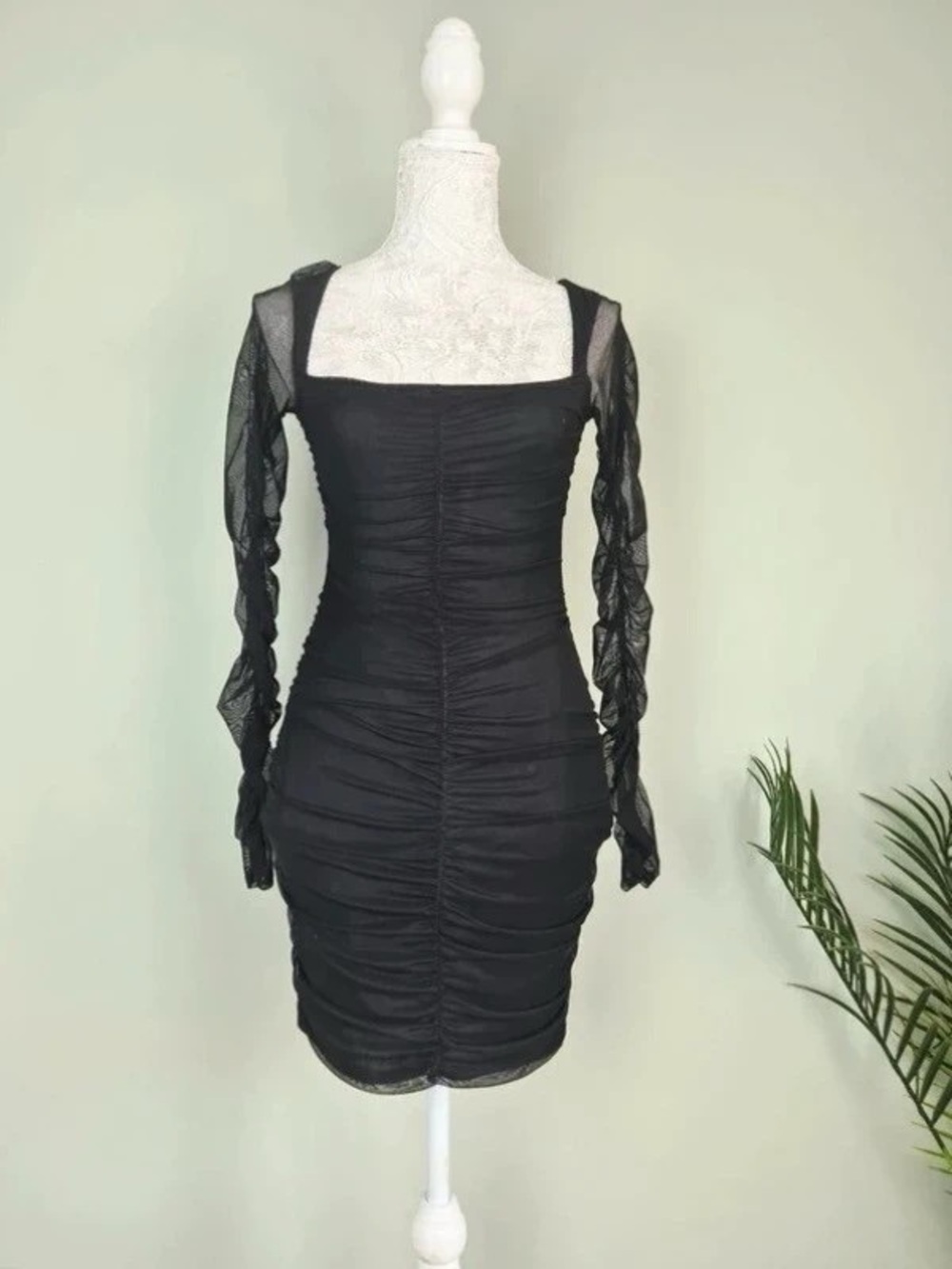 Black Ruched Square-Neck Maxi Dress with Sheer Mesh Sleeves